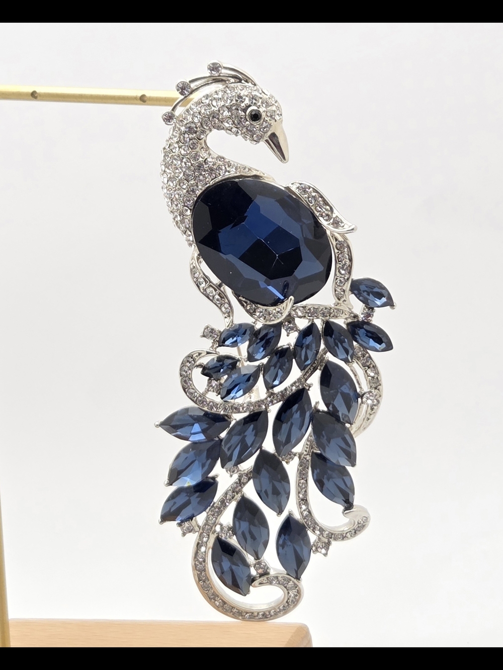 Macy's Blue Crystal Peacock Brooch Pendant Silver Tone Statement Pin NWOT